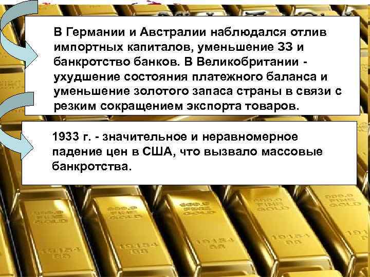 В Германии и Австралии наблюдался отлив импортных капиталов, уменьшение ЗЗ и банкротство банков. В