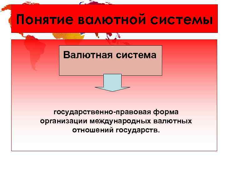 Понятие валютной системы Валютная система государственно-правовая форма организации международных валютных отношений государств. 