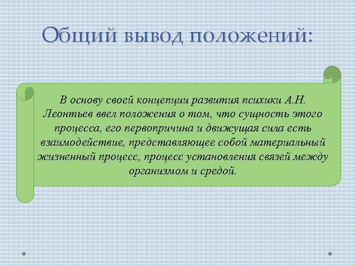 Общий вывод положений: В основу своей концепции развития психики А. Н. Леонтьев ввел положения