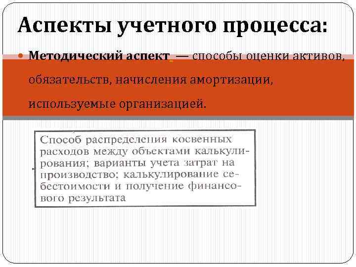Аспекты учетного процесса: Методический аспект — способы оценки активов, обязательств, начисления амортизации, используемые организацией.