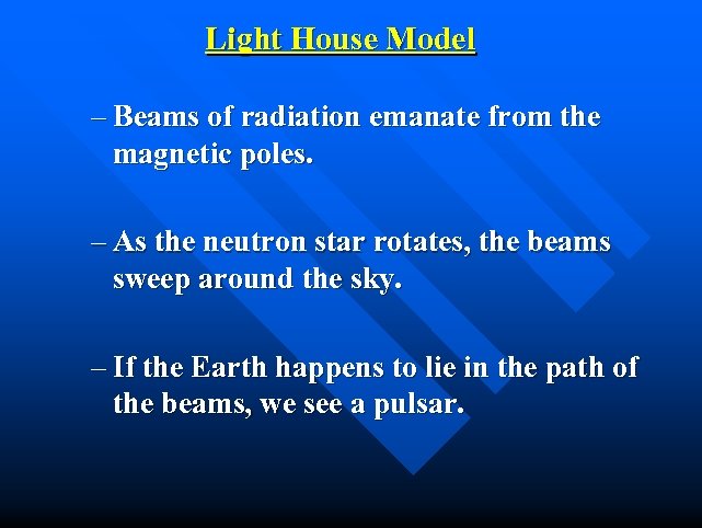 Light House Model – Beams of radiation emanate from the magnetic poles. – As