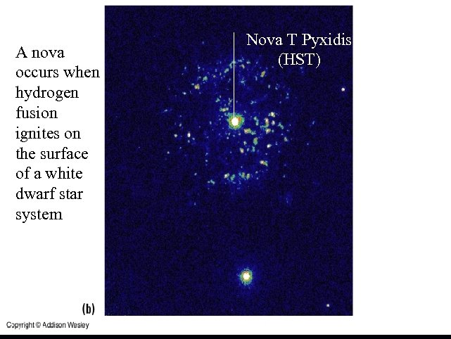 A nova occurs when hydrogen fusion ignites on the surface of a white dwarf