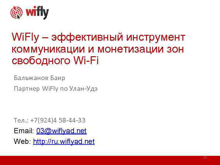 Wi. Fly – эффективный инструмент коммуникации и монетизации зон свободного Wi-Fi Бальжанов Баир Партнер