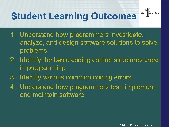 Student Learning Outcomes 1. Understand how programmers investigate, analyze, and design software solutions to