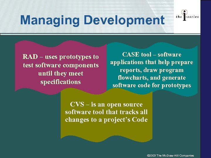 Managing Development RAD – uses prototypes to test software components until they meet specifications