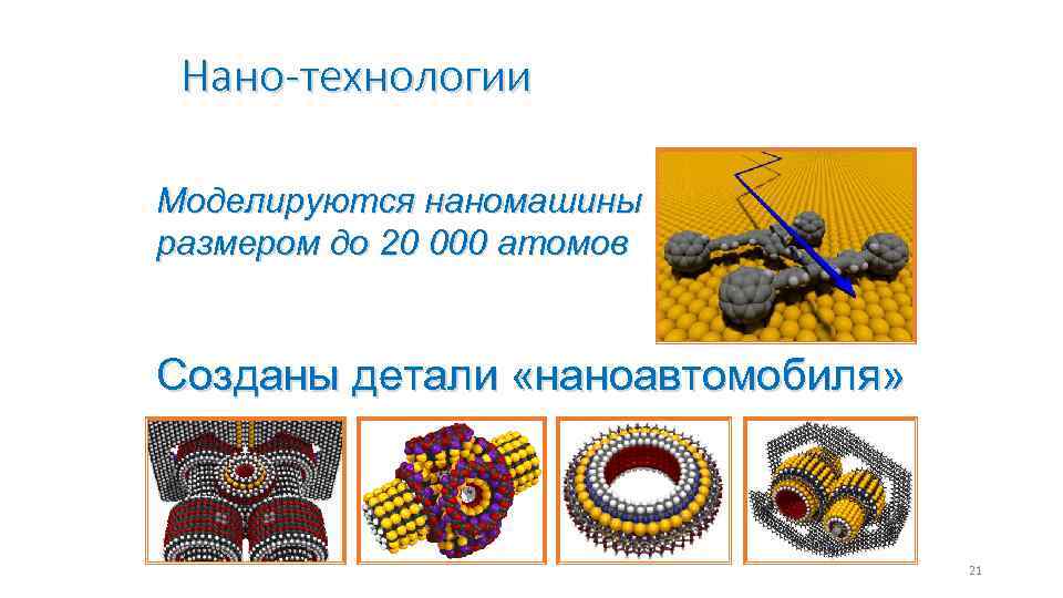Нано-технологии Моделируются наномашины размером до 20 000 атомов Созданы детали «наноавтомобиля» 21 