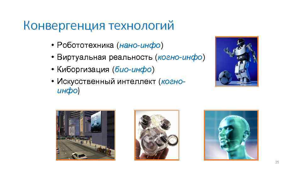 Конвергенция технологий • • Робототехника (нано-инфо) нано-инфо Виртуальная реальность (когно-инфо) когно-инфо Киборгизация (био-инфо) био-инфо