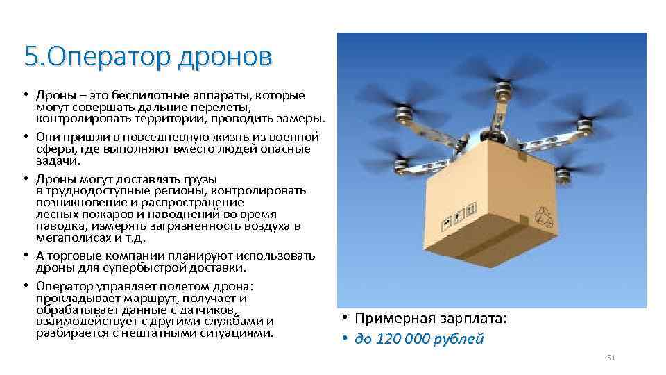 5. Оператор дронов • Дроны – это беспилотные аппараты, которые могут совершать дальние перелеты,