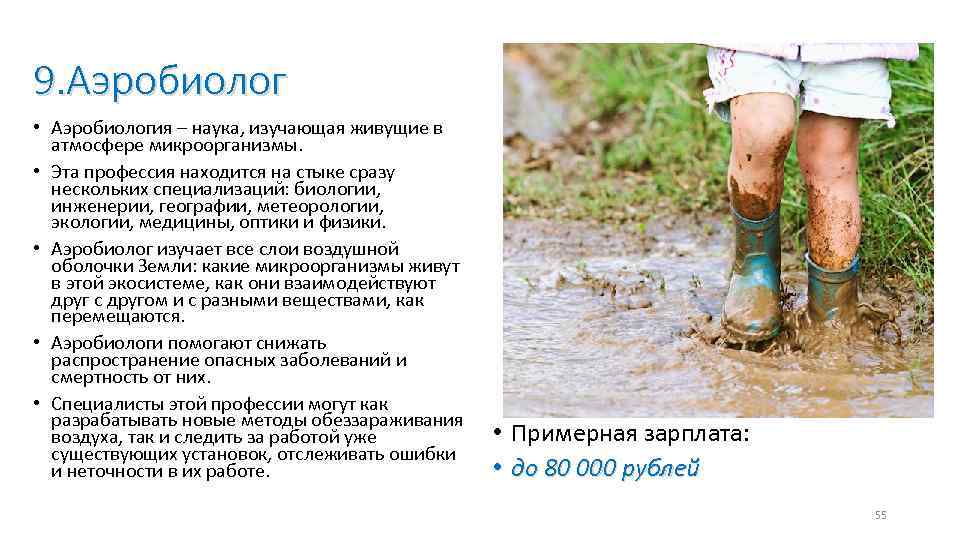 9. Аэробиолог • Аэробиология – наука, изучающая живущие в атмосфере микроорганизмы. • Эта профессия