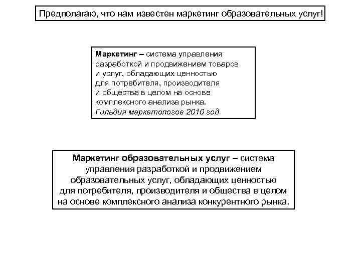 Предполагаю, что нам известен маркетинг образовательных услуг! Маркетинг – система управления разработкой и продвижением
