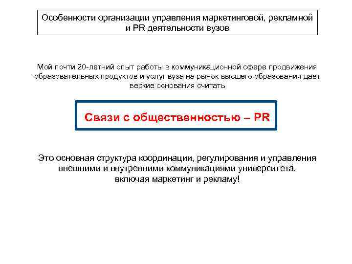Особенности организации управления маркетинговой, рекламной и PR деятельности вузов Мой почти 20 -летний опыт