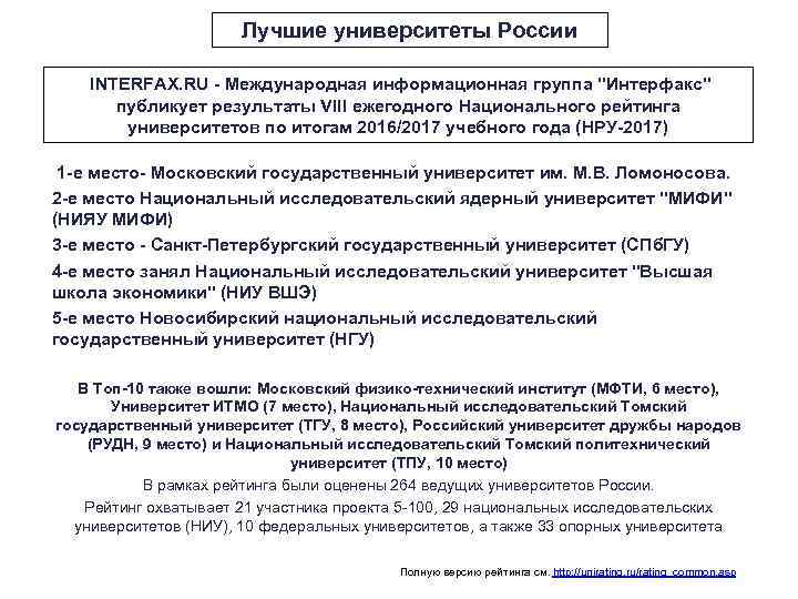 Лучшие университеты России INTERFAX. RU - Международная информационная группа 