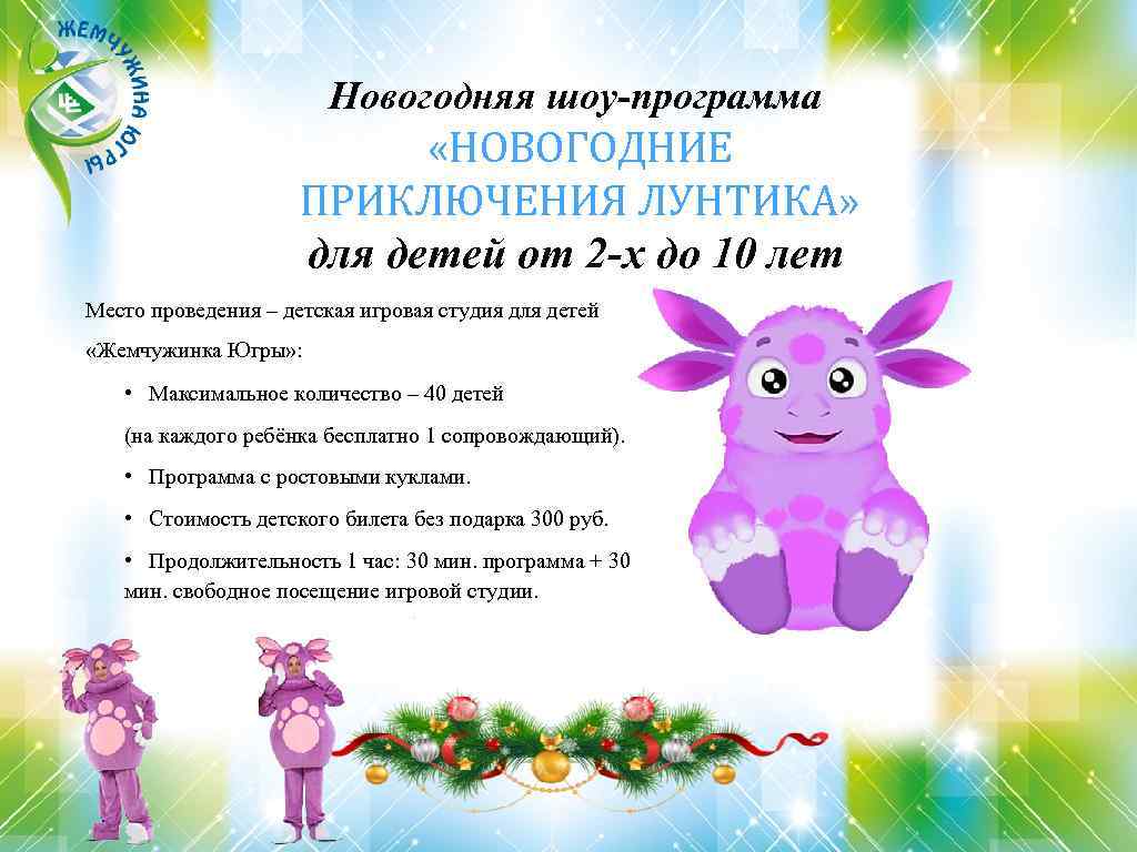 Новогодняя шоу-программа «НОВОГОДНИЕ ПРИКЛЮЧЕНИЯ ЛУНТИКА» для детей от 2 -х до 10 лет Место