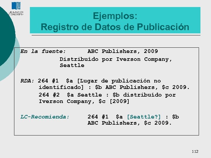 Ejemplos: Registro de Datos de Publicación En la fuente: ABC Publishers, 2009 Distribuído por