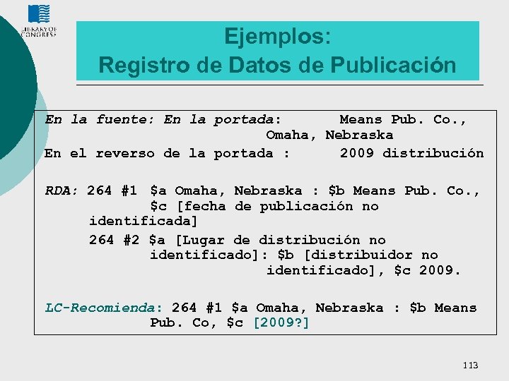 Ejemplos: Registro de Datos de Publicación En la fuente: En la portada: Means Pub.