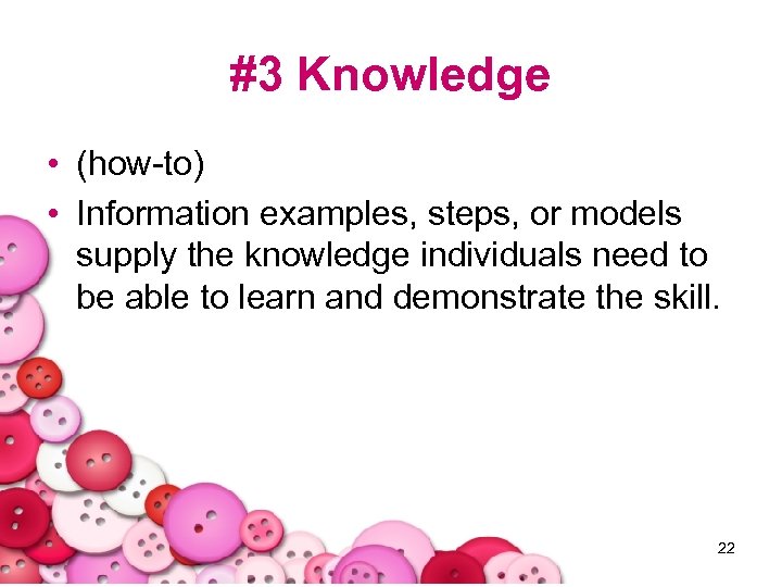 #3 Knowledge • (how-to) • Information examples, steps, or models supply the knowledge individuals