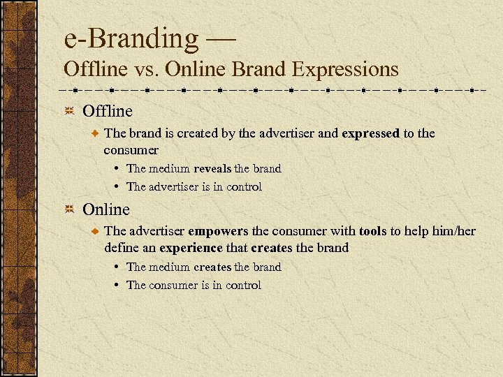 e-Branding — Offline vs. Online Brand Expressions Offline The brand is created by the