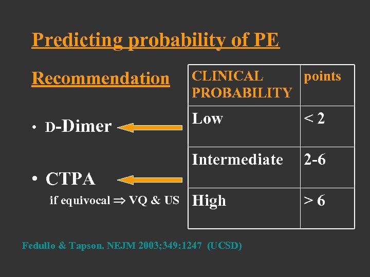 Predicting probability of PE Recommendation CLINICAL points PROBABILITY • D-Dimer Low < 2 Intermediate