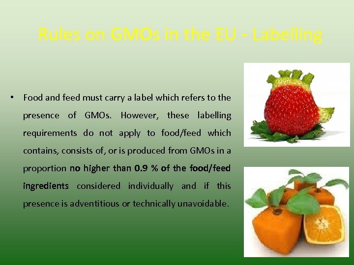 Rules on GMOs in the EU - Labelling • Food and feed must carry