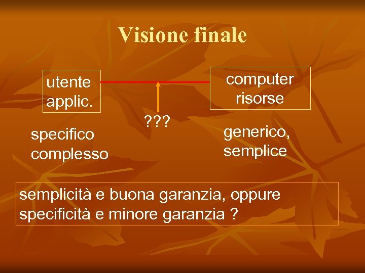 Visione finale computer risorse utente applic. specifico complesso ? ? ? generico, semplice semplicità