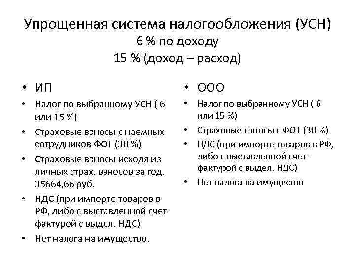 Упрощенная система налогообложения (УСН) 6 % по доходу 15 % (доход – расход) •