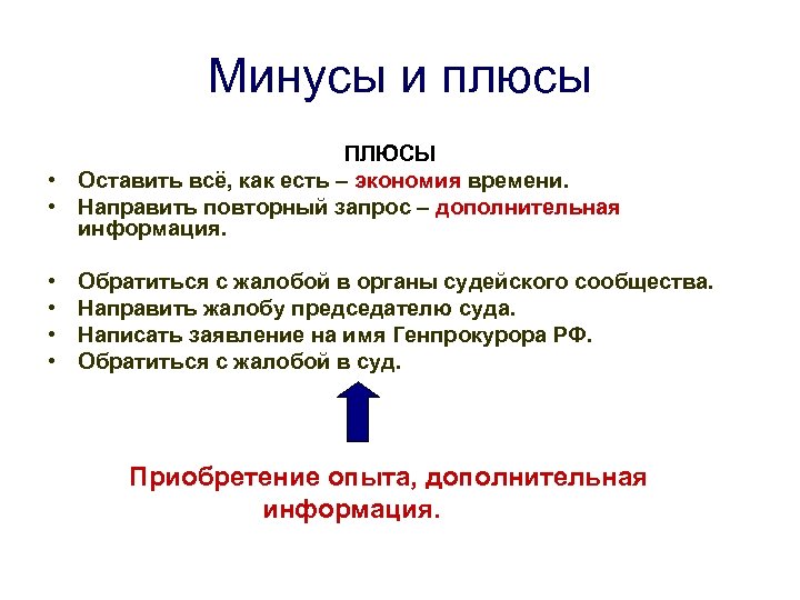 Минусы и плюсы ПЛЮСЫ • Оставить всё, как есть – экономия времени. • Направить