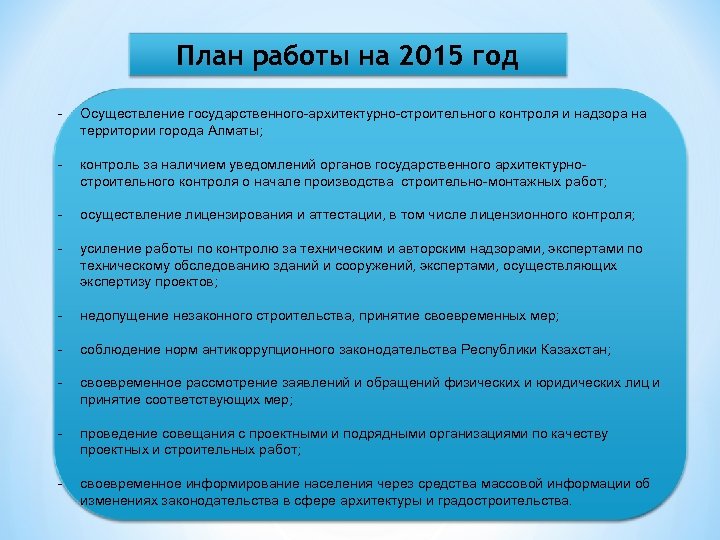 План работы на 2015 год - Осуществление государственного-архитектурно-строительного контроля и надзора на территории города