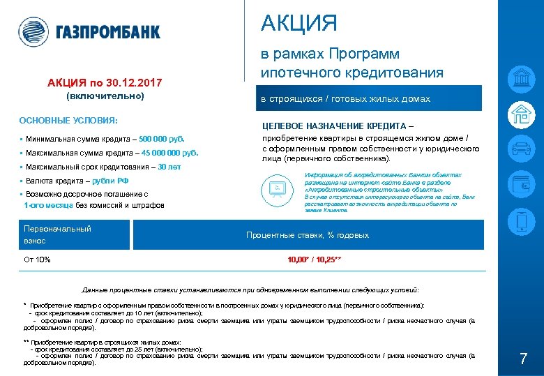 АКЦИЯ по 30. 12. 2017 (включительно) ОСНОВНЫЕ УСЛОВИЯ: § Минимальная сумма кредита – 500