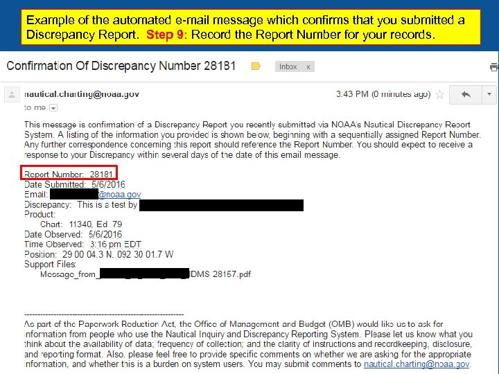 Example of the automated e-mail message which confirms that you submitted a Discrepancy Report.