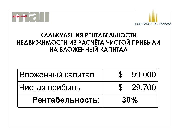 КАЛЬКУЛЯЦИЯ РЕНТАБЕЛЬНОСТИ НЕДВИЖИМОСТИ ИЗ РАСЧЁТА ЧИСТОЙ ПРИБЫЛИ НА ВЛОЖЕННЫЙ КАПИТАЛ Вложенный капитал $ 99.