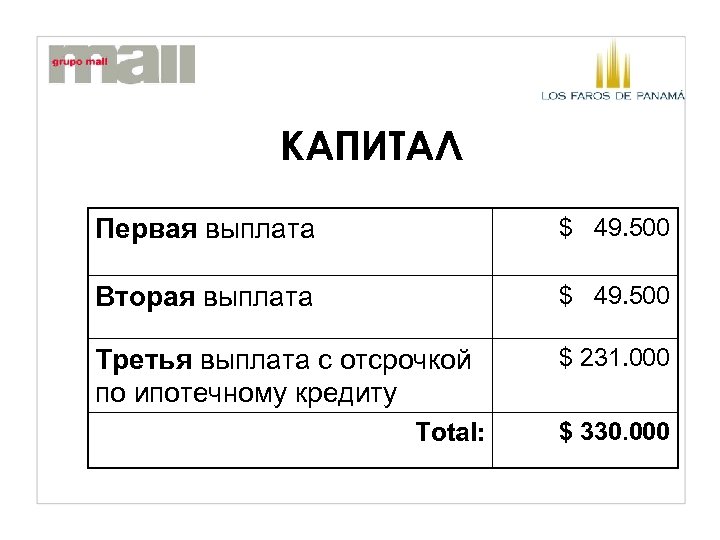 КАПИТАЛ Первая выплата $ 49. 500 Вторая выплата $ 49. 500 Третья выплата с