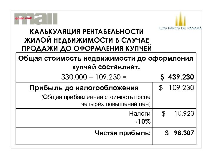 КАЛЬКУЛЯЦИЯ РЕНТАБЕЛЬНОСТИ ЖИЛОЙ НЕДВИЖИМОСТИ В СЛУЧАЕ ПРОДАЖИ ДО ОФОРМЛЕНИЯ КУПЧЕЙ Общая стоимость недвижимости до