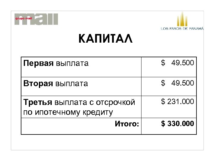 КАПИТАЛ Первая выплата $ 49. 500 Вторая выплата $ 49. 500 Третья выплата с