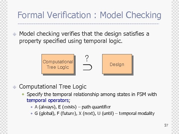 Formal Verification : Model Checking ± Model checking verifies that the design satisfies a