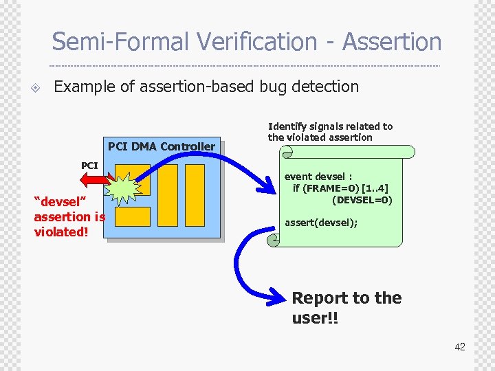 Semi-Formal Verification - Assertion ± Example of assertion-based bug detection PCI DMA Controller PCI