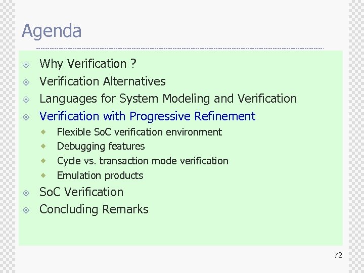 Agenda ± ± Why Verification ? Verification Alternatives Languages for System Modeling and Verification