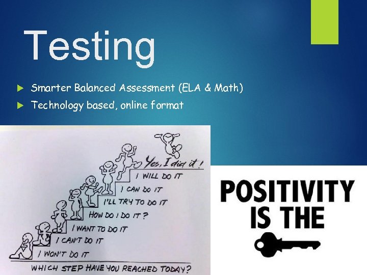 Testing Smarter Balanced Assessment (ELA & Math) Technology based, online format 