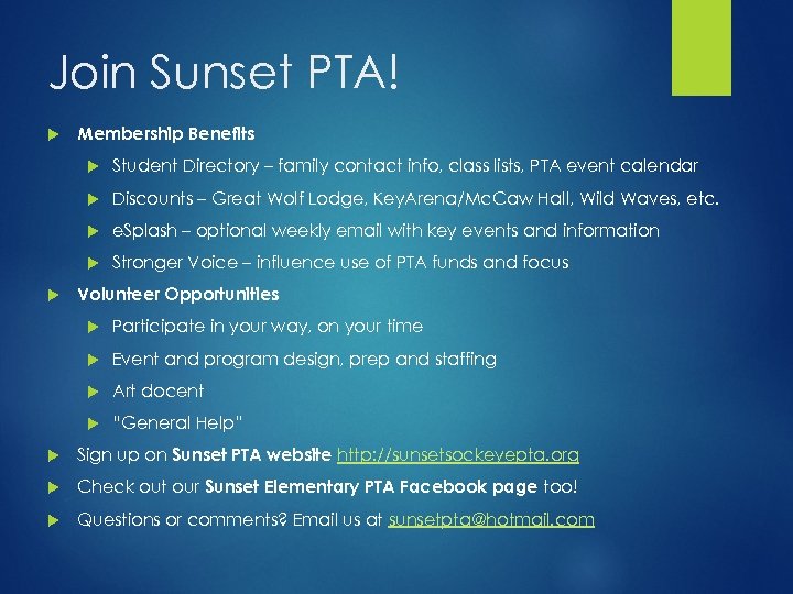 Join Sunset PTA! Membership Benefits Discounts – Great Wolf Lodge, Key. Arena/Mc. Caw Hall,