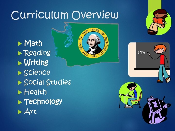 Curriculum Overview Math Reading Writing Science Social Studies Health Technology Art 