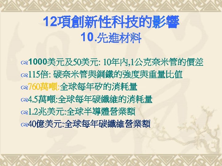 12項創新性科技的影響 10. 先進材料 1000美元及50美元: 10年內, 1公克奈米管的價差 115倍: 碳奈米管與鋼鐵的強度與重量比值 760萬噸: 全球每年矽的消耗量 4. 5萬噸: 全球每年碳纖維的消耗量 1.