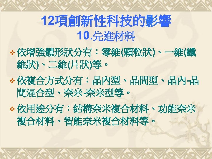 12項創新性科技的影響 10. 先進材料 v 依增強體形狀分有：零維(顆粒狀)、一維(纖 維狀)、二維(片狀)等。 v 依複合方式分有：晶內型、晶間型、晶內-晶 間混合型、奈米-奈米型等。 v 依用途分有：結構奈米複合材料、功能奈米 複合材料、智能奈米複合材料等。 