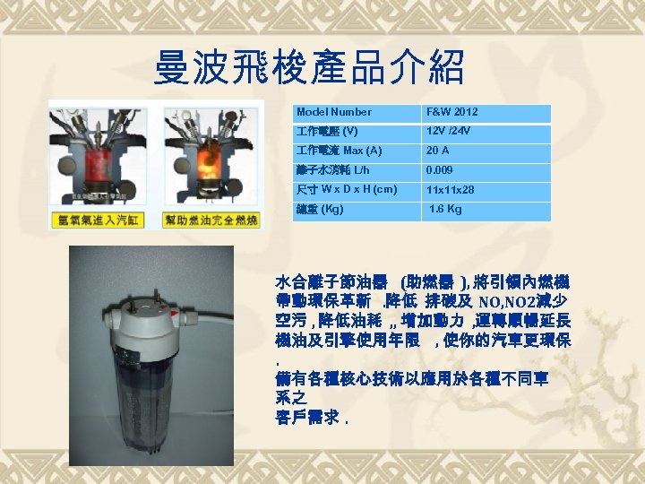 曼波飛梭產品介紹 Model Number F&W 2012 作電壓 (V) 12 V /24 V 作電流 Max (A)