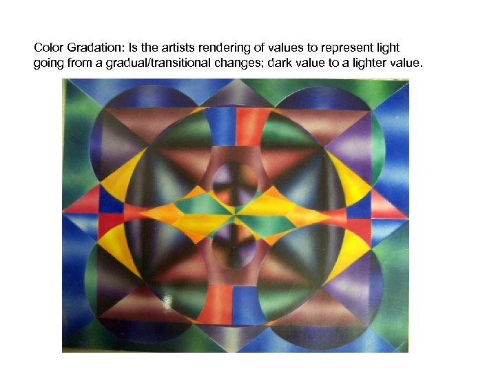 Color Gradation: Is the artists rendering of values to represent light going from a