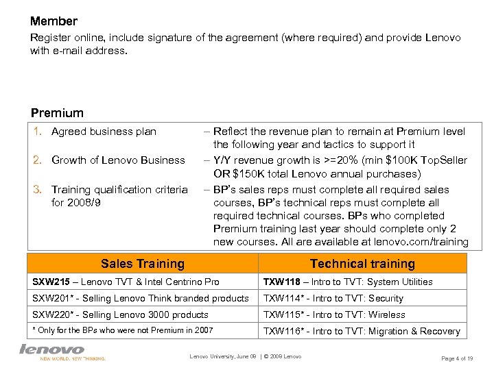 Member Register online, include signature of the agreement (where required) and provide Lenovo with