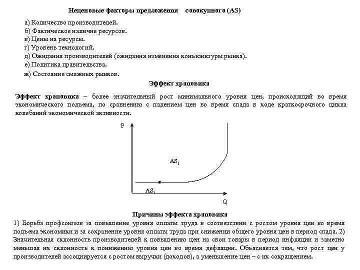 Неценовые факторы предложения совокупного (AS) а) Количество производителей. б) Фактическое наличие ресурсов. в) Цены