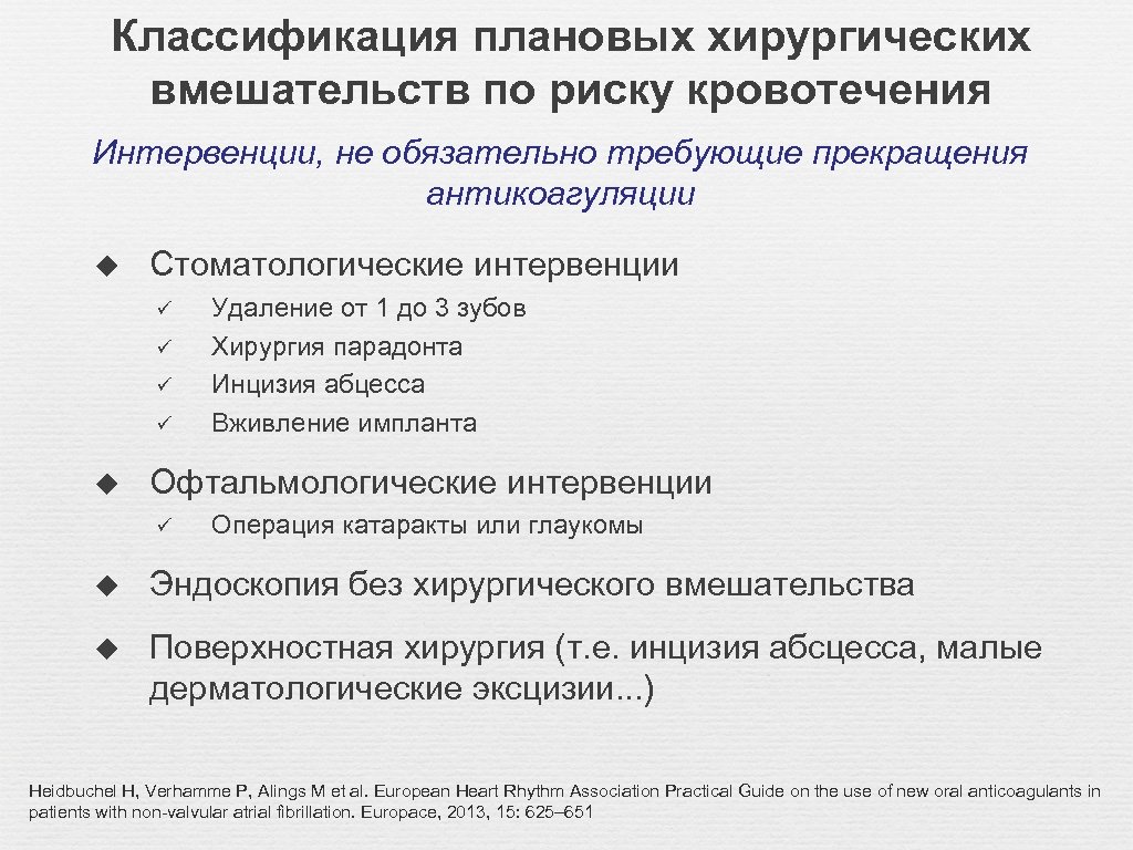 Классификация плановых хирургических вмешательств по риску кровотечения Интервенции, не обязательно требующие прекращения антикоагуляции u