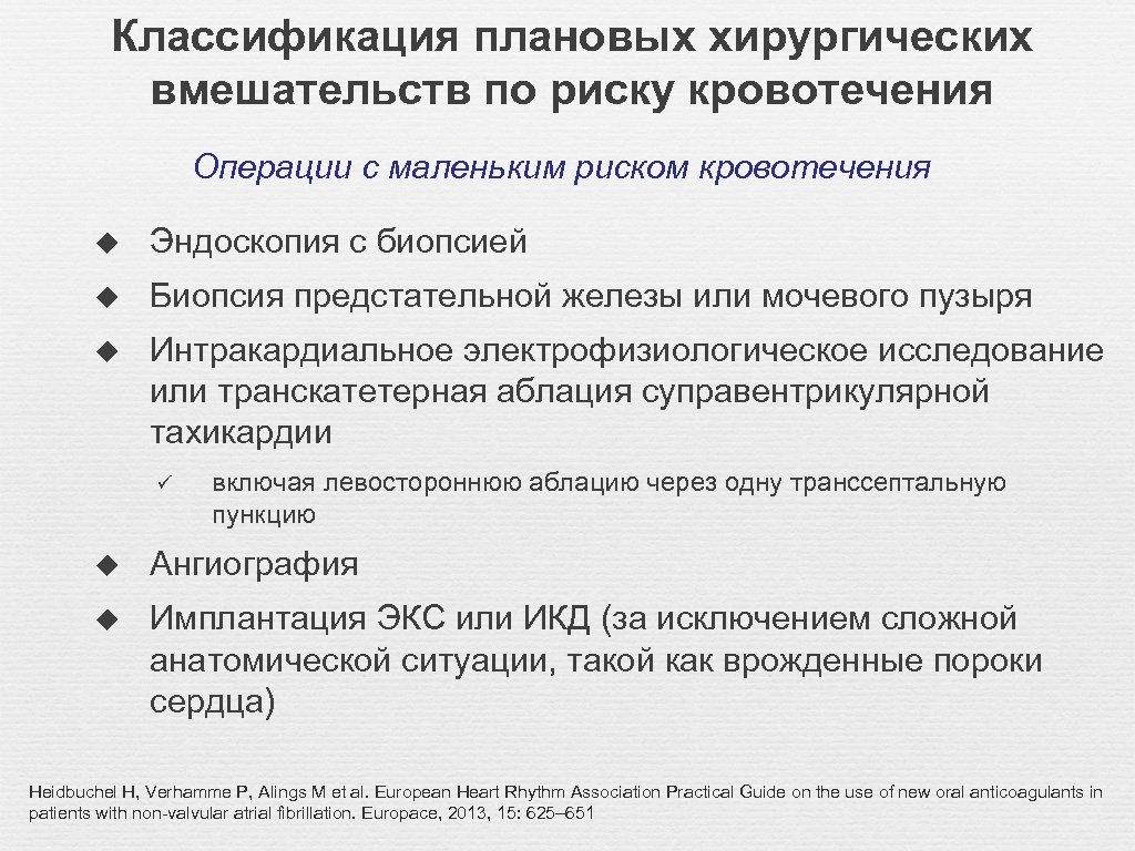 Классификация плановых хирургических вмешательств по риску кровотечения Операции с маленьким риском кровотечения u Эндоскопия