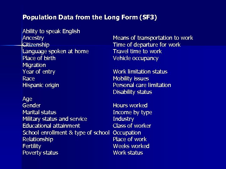 Population Data from the Long Form (SF 3) Ability to speak English Ancestry Citizenship