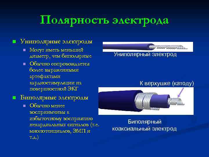 Полярность электрода n Униполярные электроды n n n Могут иметь меньший диаметр, чем биполярные