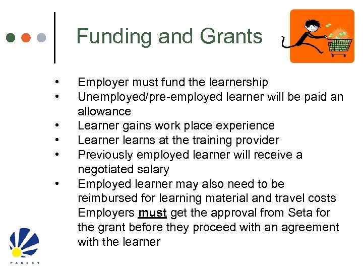 Funding and Grants • • • Employer must fund the learnership Unemployed/pre-employed learner will